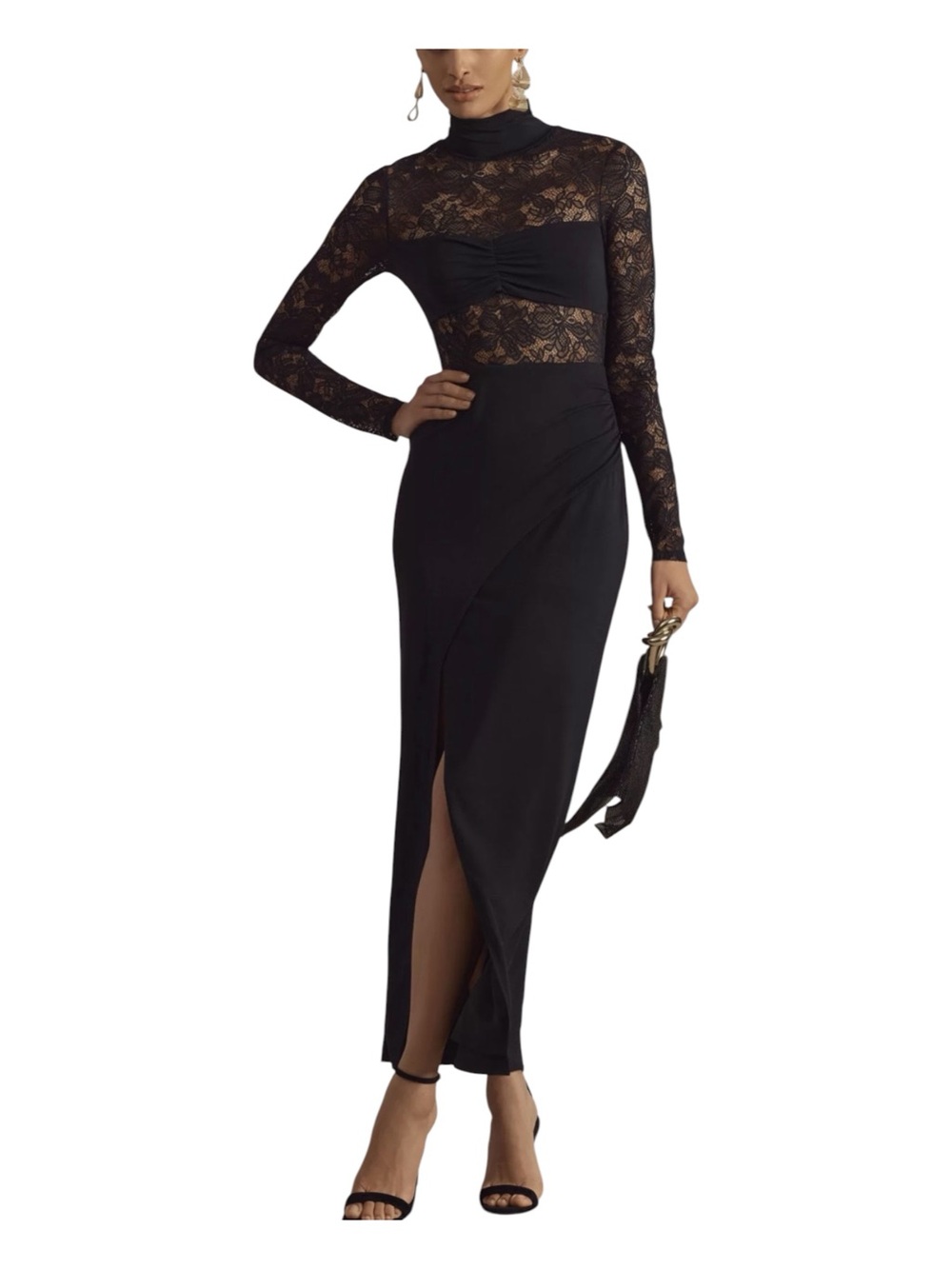Anthropologie BHLDN Saige Long Sleeve Turtleneck Sheer Lace Jersey Maxi Dress L